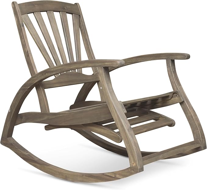 roomfitters Outdoor Wooden Rocking Chair with Slatted Back and Ergonomic Armrests, Classic Curved Base Design, Grey