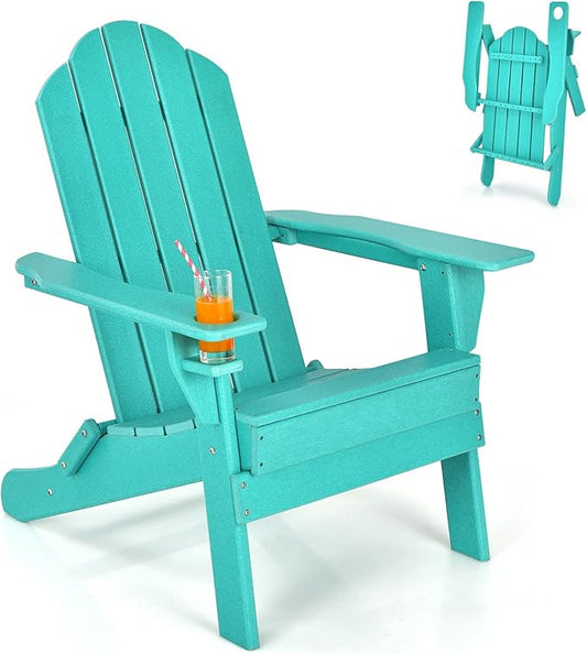 Giantex Adirondack Chair Outdoor Folding Chairs, HDPE Weather Resistant Patio Chair with Built-in Cup Holder Lawn Chair for Patio, Backyard, Balcony, Deck Outside Plastic Fire Pit Chair(1, Turquoise)