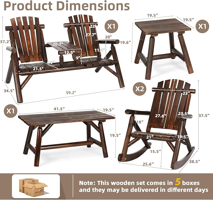 5-Piece Outdoor Wood Log Rocking Conversation Set, Patio Adirondack Furniture Chair Set Including 2-Seater Garden Bench & Built-in Table, 2 Coffee Table, 2 Log Rocker Chair, Carbonized