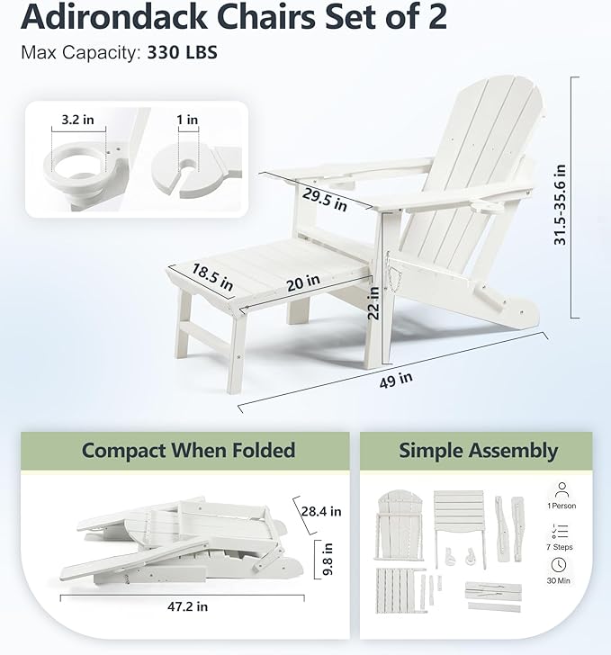 PASAMIC Folding Adirondack Chairs Set of 2 with Retractable Ottoman, 5-Position Adjustable Backrest - Photo 2