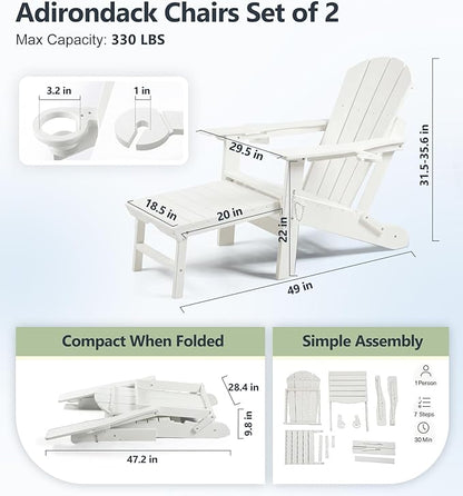 PASAMIC Folding Adirondack Chairs Set of 2 with Retractable Ottoman, 5-Position Adjustable Backrest, HDPE All-Weather Fire Pit Chairs with 2 Hidden Cup Holders, Wood-Look Outdoor Chairs (White)