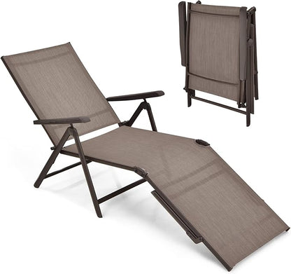Giantex Patio Lounge Chair Foldable Chaise Lounger, Outdoor Sunbathing Chair W/ 5-Position Backrest, 2-Position Footrest, Steel Frame, Portable Recliner for Yard, Lawn Tanning Pool Chairs (1, Brown)