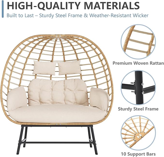 SWITTE Double Wicker Egg Chair Outdoor, Indoor Oversized Papasan Loveseat with Thick Cushion - Photo 5