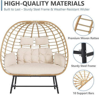 SWITTE Double Wicker Egg Chair Outdoor, Indoor Oversized Papasan Loveseat with Thick Cushion, 2-Person Patio Lounge Chair, 680 lbs Capacity for Balcony, Porch, Backyard-Ivory
