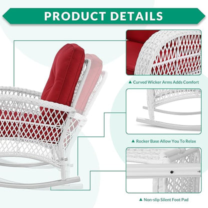VIVIJASON 3-Piece Outdoor Conversation Bistro Set, Patio Wicker Rocking Chairs Rattan Furniture Sets w/ 2 Rattan Chairs, Cushions, Glass Top Side Table for Garden Porch Backyard (White Wicker/Red)