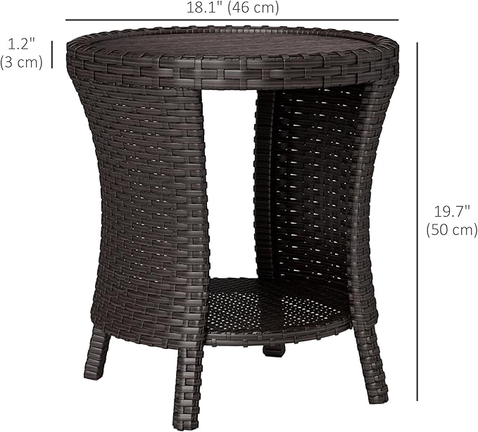 Outsunny 18" Outdoor Wicker Coffee Table, 2-Tier Patio Side Table with Storage, PE Rattan Outdoor Coffee Table with Composite Wood Top, Steel Frame for Garden Backyard Balcony, Mixed Brown