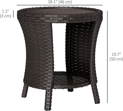 Outsunny 18" Outdoor Wicker Coffee Table, 2-Tier Patio Side Table with Storage, PE Rattan Outdoor Coffee Table with Composite Wood Top, Steel Frame for Garden Backyard Balcony, Mixed Brown
