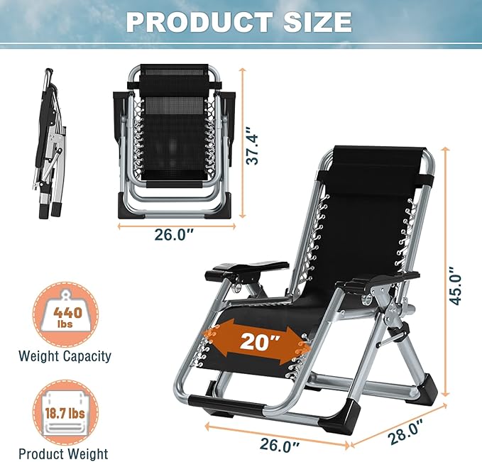 ABORON 2 Pack Zero Gravity Chair, Outdoor Lounge Chairs Sun Loungers with Removable Cushion, Headrest, Cup Holder - Photo 3