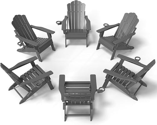 FOOWIN Adirondack Chair Set of 6, Folding HDPE Patio Chairs with Cup Holder, 400LBS Heavy Duty Fire Pit Chairs for Large Garden, Deck, Resort, Commercial Use,Grey