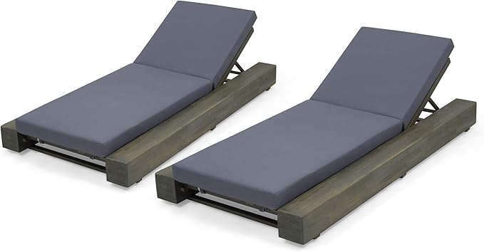GDFStudio Outdoor Acacia Wood Chaise Lounge and Cushion Sets (Set of 2), Gray and Dark Gray - Photo 1