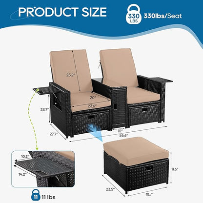 5PCS Outdoor Wicker Chaise Lounge Chair - Rattan Adjustable Reclining Patio Lounge Chair with Ottoman and Coffee Table, for Patio Beach Pool Backyard (Black Wicker Khaki Cushion)