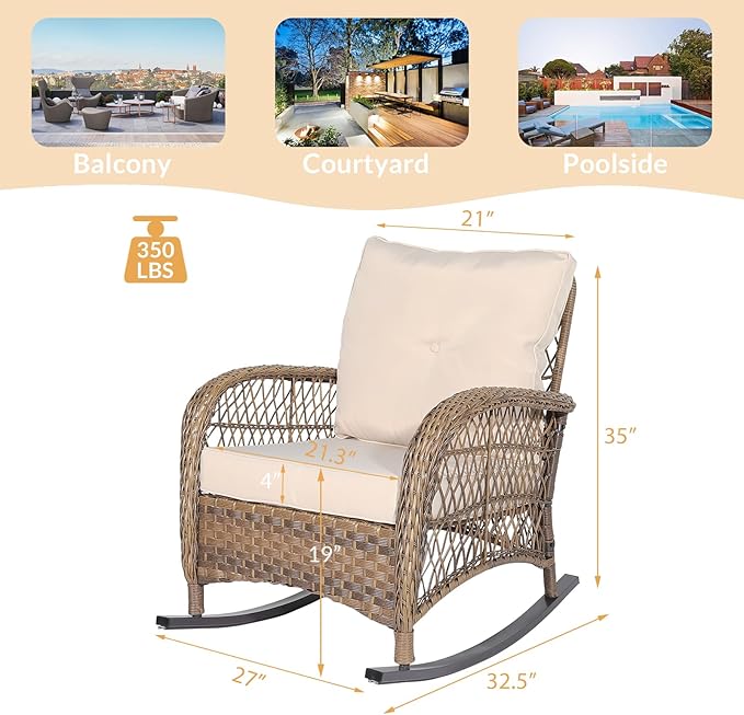 Outdoor Wicker Rocking Chair with Thickened Cushions, All-Weather Rattan Patio Rocking Chairs - Photo 2