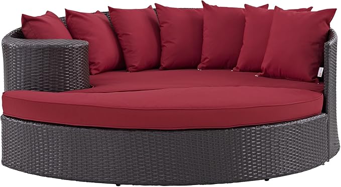 Modway Convene Wicker Rattan Outdoor Patio Poolside Sectional Sofa Daybed with Cushions in Espresso Red