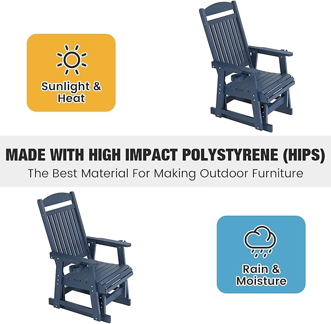 Poly Lumber Patio Glider for One Person, with Cup Holders, High Backrest and Deep Contoured Seat, HIPS Material - Photo 4