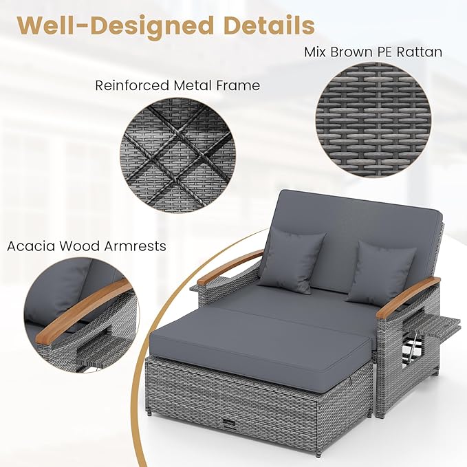 Tangkula Patio Rattan Daybed with 4-Level Adjustable Backrest, Outdoor Wicker Loveseat with Acacia Wood Armrest - Photo 9