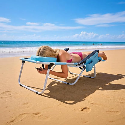 MOPHOTO Oversized Beach Lounge Chair, 5-Position Adjustable Tanning Chair with Face Hole, Heavy Duty Folding Chaise Lounge for Beach, Pool, Patio & Sunbathing