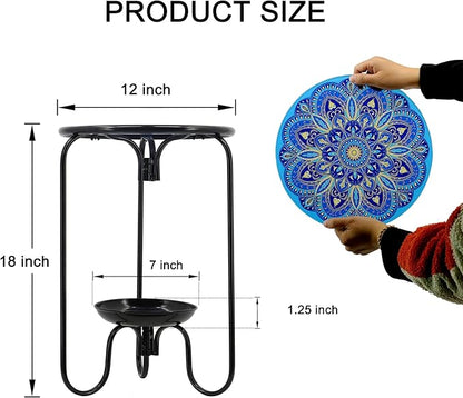 Modern Mosaic Mandala Pattern Glass Patio Table with Bottom Tray - Outdoor Side, Small Accent for Yard, Porch, Garden, Living Room, Coffee Tea, Plant Stand (Blue Mandala)