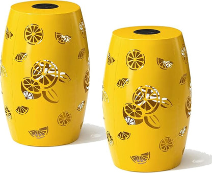 Glitzhome Set of 2 Outdoor Side Table with Lemon Pattern Solar Powered Light, 18.25" H Iron Cutout Drum Garden Stool Solar Decorative Lanterns, Metal End Table Plant Stand for Indoor Outdoor, Yellow
