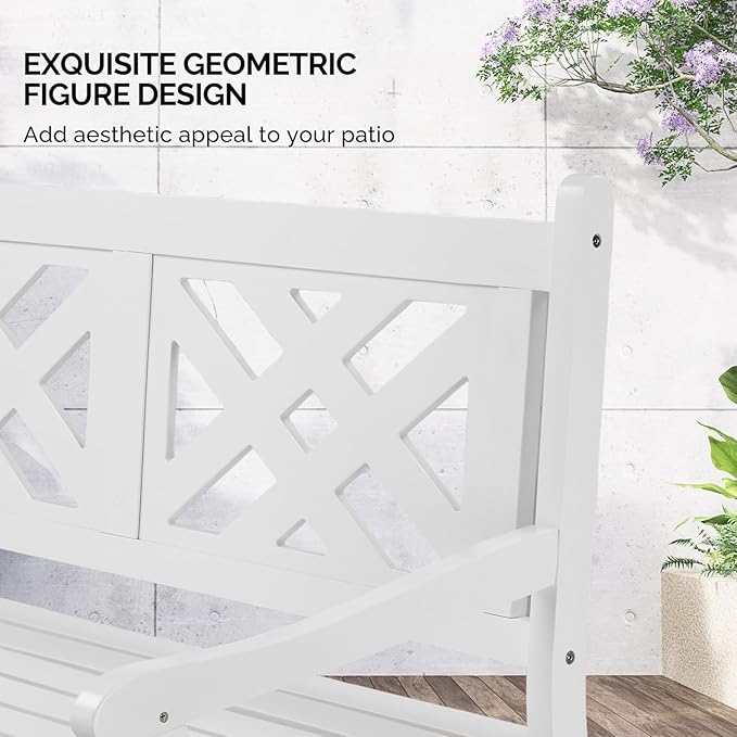 VINGLI 50" Outdoor Wood Bench, Weatehr Resistant Wooden Garden Patio Bench with Comfortable Backrest & Curved Armrest, 800lb Capacity Loveseat for Front Porch Park Yard Deck (White, Geometric)