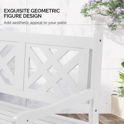 VINGLI 50" Outdoor Wood Bench, Weatehr Resistant Wooden Garden Patio Bench with Comfortable Backrest & Curved Armrest, 800lb Capacity Loveseat for Front Porch Park Yard Deck (White, Geometric)