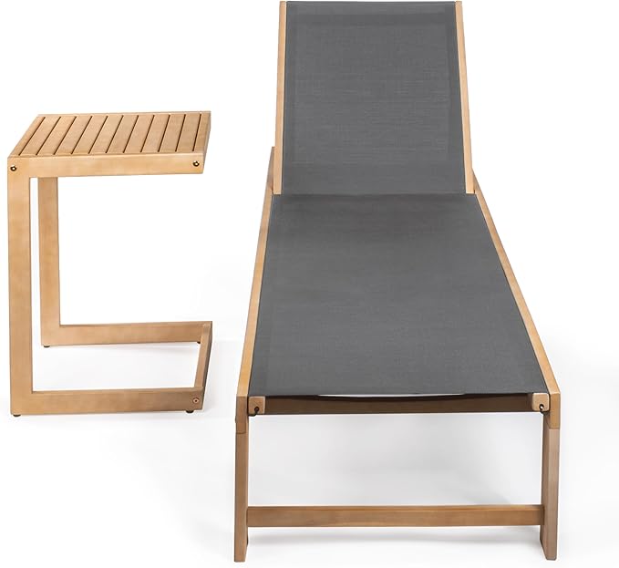 JONATHAN Y LNG1100B-2SET Trabuco Coastal Modern Acacia Wood Mesh 3-Position Outdoor Chaise Lounge Set with Side Table Transitional, Classic, Minimalist, Traditional, Contemporary, Dark Gray/Light Teak