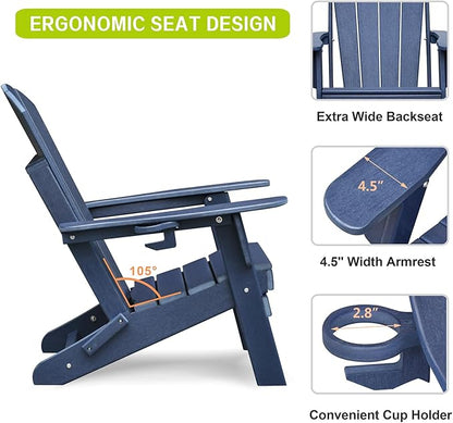 ATR ART TO REAL Folding Adirondack Chairs, HDPE Weather Resistant Outdoor Firepit Chairs with Cup Holder, Patio Folding Chairs for Garden, Lawn, Backyard, Deck, Fire Pit(Navy Blue)