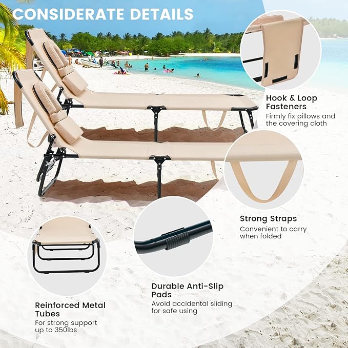 GYMAX Tanning Chair, 330lbs Beach Lounge Chair with Face Hole, Detachable Washable Pillow & Carry Strap, Adjustable Folding Chaise Lounge, Layout Chair for Outside, Patio, Poolside, Lawn (1, Beige)