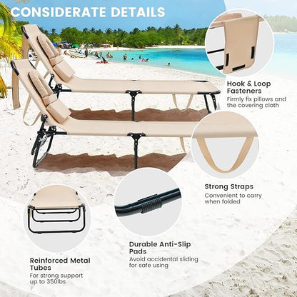 GYMAX Tanning Chair, 330lbs Beach Lounge Chair with Face Hole, Detachable Washable Pillow & Carry Strap, Adjustable Folding Chaise Lounge, Layout Chair for Outside, Patio, Poolside, Lawn (1, Beige)