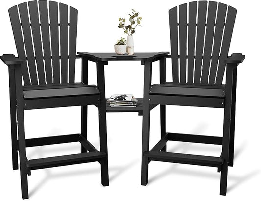 Outdoor Recycled Poly Adirondack Barstools with Connecting Tray, Tall Adirondack Chairs Bar Chairs for Deck, Balcony, Backyard, Patio Bar Stool Chair with High Back Weather Resistant Set of 2