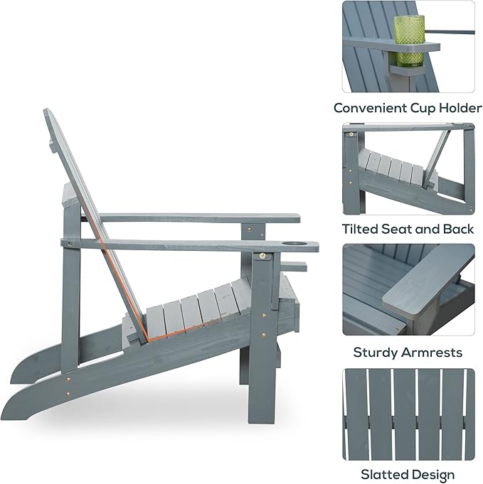 Folding Adirondack Chair, Outdoor Adirondack Chairs with Wood Texture, Acacia Wood Fire Pit Chairs, All Weather, for Deck Backyard Patio Outdoor Garden (Light Gray)