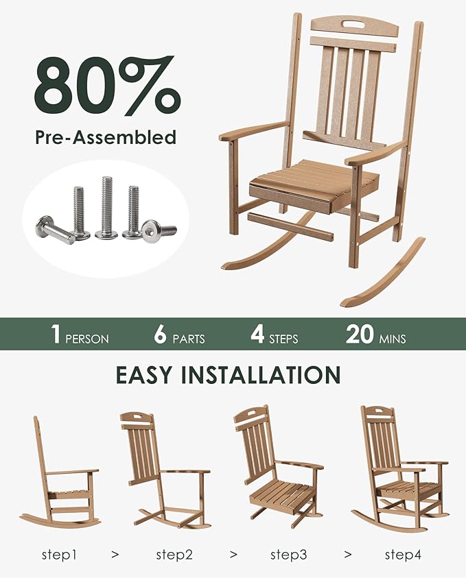 Outdoor Rocking Chair, All-Weather Resistant Poly Lumber Rocker Chair Outdoor, High Back Plastic Patio Rocking Chairs for Outside Porch Rocker Garden Lawn, Weather Wood