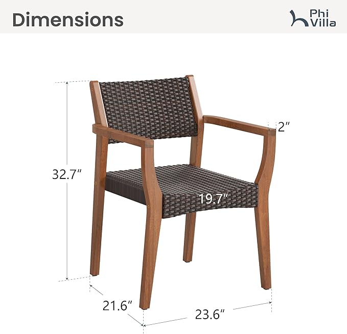 PHI VILLA Outdoor Acacia Wood Chairs Set of 2, Heavy-Duty Dining Armchairs with Wicker Back & Seat, Farmhouse Style Teak Seating Furniture for Patio, Deck, Yard, Balcony, Garden