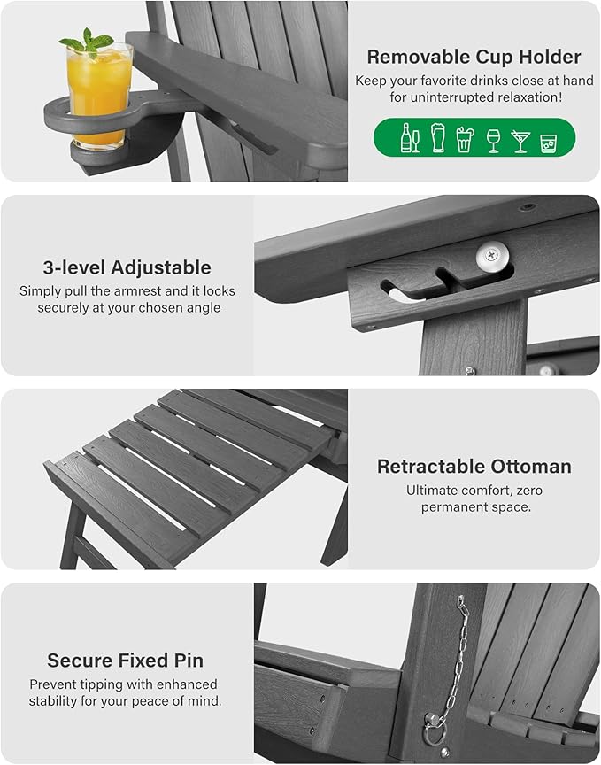 YEFU Folding Adirondack Chair with Footrest: Adjustable Adirondack Chairs with Retractable Ottoman - Sturdy HDEP Plastic with Cup Holder - All Weather for Outdoor/Patio/Fire Pit/Outside/Pool(Grey)
