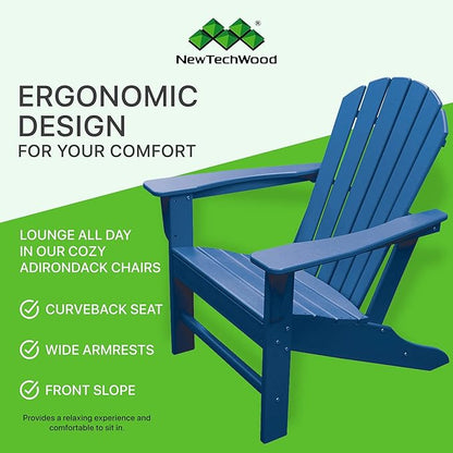 NewTechWood Atlantic Classic Curveback Plastic Weather Resistant Patio Adirondack Chair, Easy Installation, Widely Used in Outdoor, Fire Pit, Deck, Lawn, Outside, Garden Chairs (Royal)