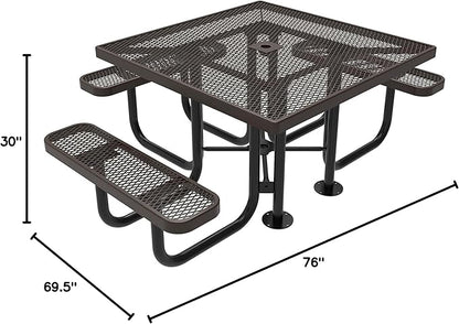 COATEDOUTDOORFURNITURE Heavy-Duty Portable ADA-Compliant Outdoor Picnic Table with Umbrella Hole, Expanded Metal Patio Dining Furniture Made in America (46" Square Top, Brown)