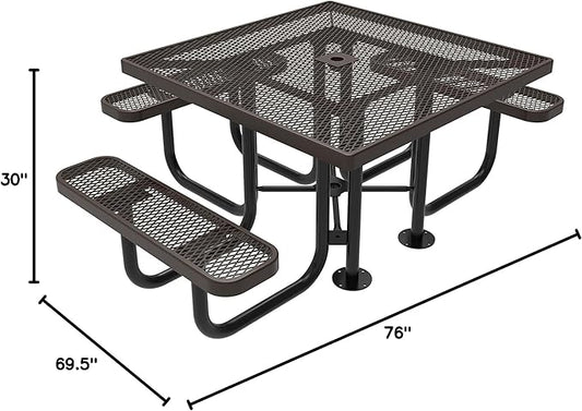 COATEDOUTDOORFURNITURE Heavy-Duty Portable ADA-Compliant Outdoor Picnic Table with Umbrella Hole, Expanded Metal Patio Dining Furniture Made in America (46" Square Top, Brown)