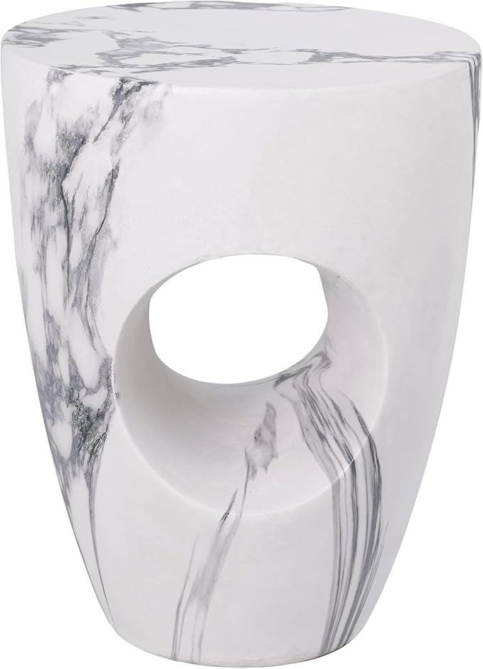 Merax 19.29" H Modern Round MgO Side Table with Cutout Accent, Faux Marble Outdoor Garden Stool & Indoor End Table, Weather Resistant Decorative Accent Table, No Assembly Required, Faux Marble