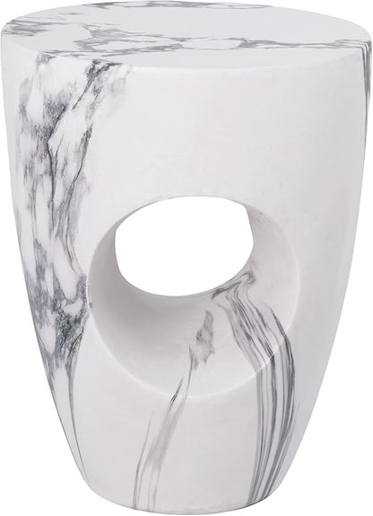 Merax 19.29" H Modern Round MgO Side Table with Cutout Accent, Faux Marble Outdoor Garden Stool & Indoor End Table, Weather Resistant Decorative Accent Table, No Assembly Required, Faux Marble