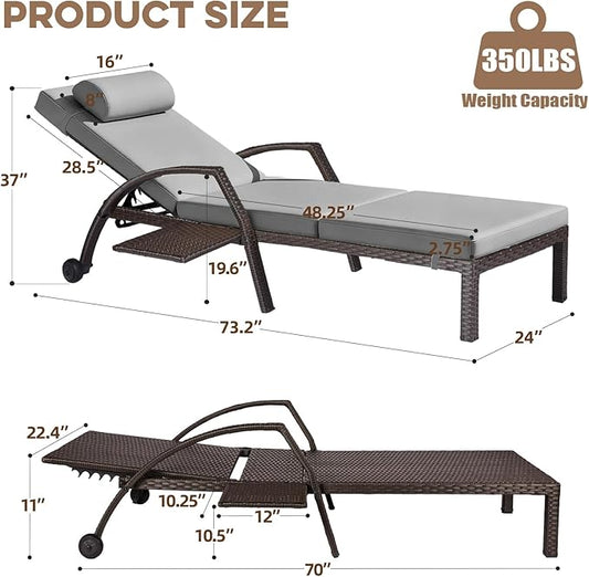 Patio Chaise Lounge Chairs Set of 4 Wicker Pool Lounge Chairs Outdoor with 5 Adjustable Back & Removable Cushion & Tray Tanning Chair Sun Loungers for Patio Poolside Deck Beach
