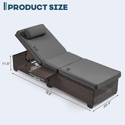 Outdoor Lounge Chairs, Pool Lounge Chairs Set of 2, Outdoor Chaise Lounge with Adjustable Backrest & Cup Holder,Grey Cushion