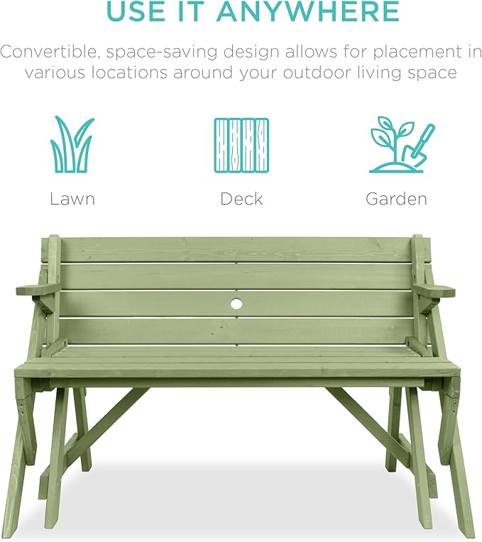 Best Choice Products 2-in-1 Transforming Interchangeable Outdoor Wooden Picnic Table Garden Bench for Backyard, Porch, Patio, Deck w/Umbrella Hole - Sage Green