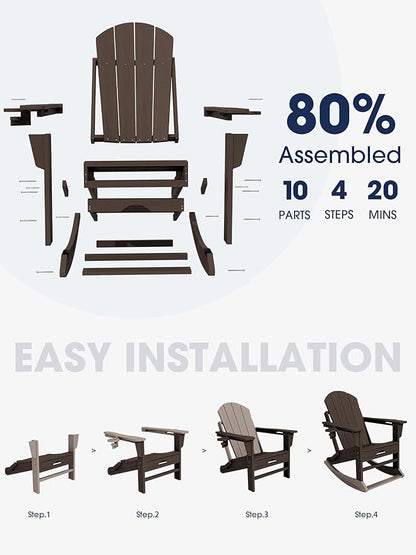 KINGYES Adirondack Rocking Chair Set of 4 with Retractable Ottoman and Cup Holders, HDPE Adirondack Rocker Patio Rocking Chair for Porch, Patio, Balcony, Coffee Brown