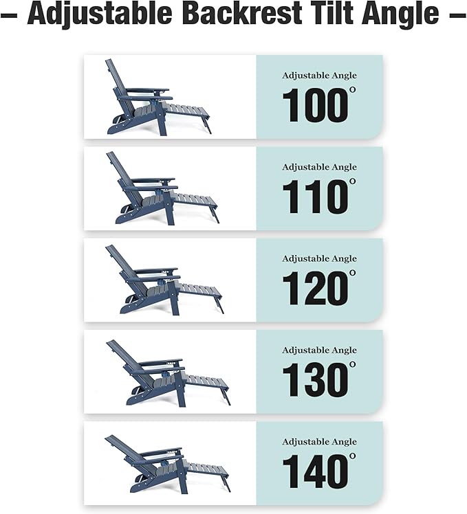 Mega Casa Poly Lumber Adirondack Chair with Cup Holders, Ottoman and Cushion, Adjustable Backrest, All-Weather Resistant HIPS Material, Wood-Like Pattern, Heavy Duty 700 LBS (Navy Blue)