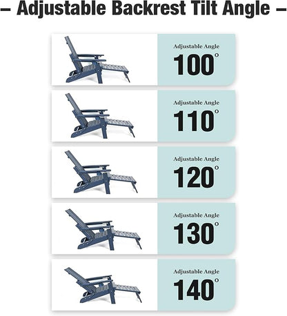 Mega Casa Poly Lumber Adirondack Chair with Cup Holders, Ottoman and Cushion, Adjustable Backrest, All-Weather Resistant HIPS Material, Wood-Like Pattern, Heavy Duty 700 LBS (Navy Blue)