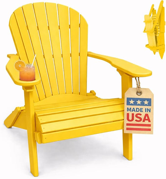 Ecommersify Folding Adirondack Chair with Cup Holder - (Yellow) - Heavy Duty Recycled Poly Lumber Folding Chair - Amish Crafted Outdoor Furniture - Made in USA