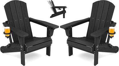 SERWALL Folding Adirondack Chair Set of 2, Adjustable Adirondack Chair with 3 Recline Positions, All Weather HDPE Outdoor Adirondack with Cup Holders, Black