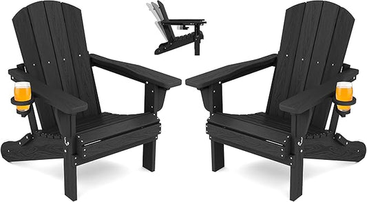 SERWALL Folding Adirondack Chair Set of 2, Adjustable Adirondack Chair with 3 Recline Positions, All Weather HDPE Outdoor Adirondack with Cup Holders, Black