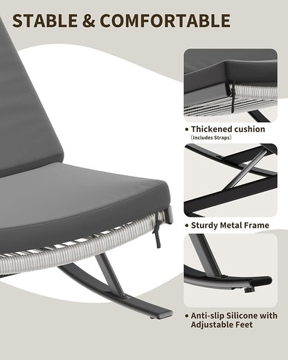 GarveeLife Outdoor Rocking Lounge Chair Set of 2, Patio Chaise Lounge with Removable Cushion for Napping Relaxing, Indoor Reclining Papasan Rocker Chair, Grey