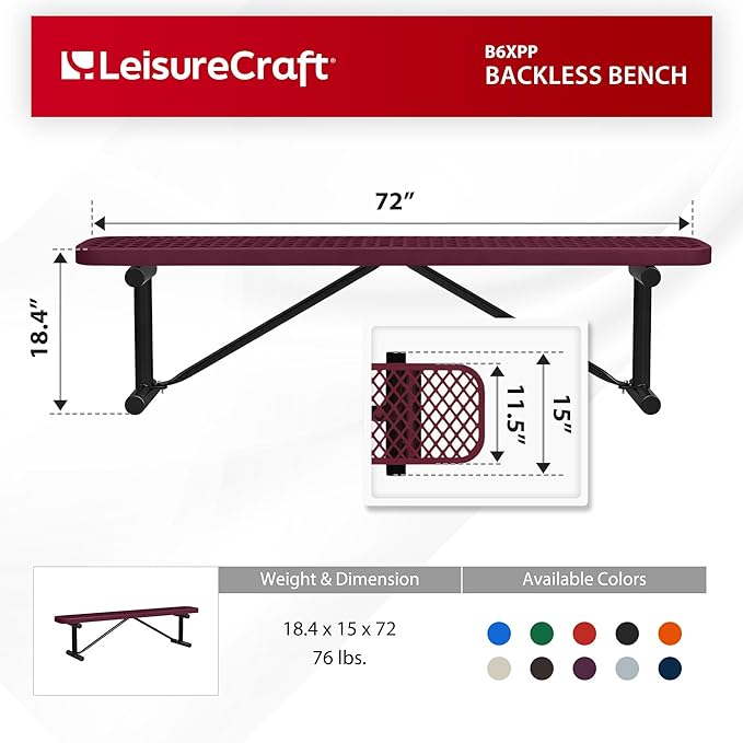 Leisure Craft Metal Outdoor Bench - 6 Foot Heavy Duty Backless Bench Seating for Garden, Porch, Picnic, Park, Expanded Metal, Thermoplastic Coating, Commercial Grade Furniture Made in USA - Burgundy