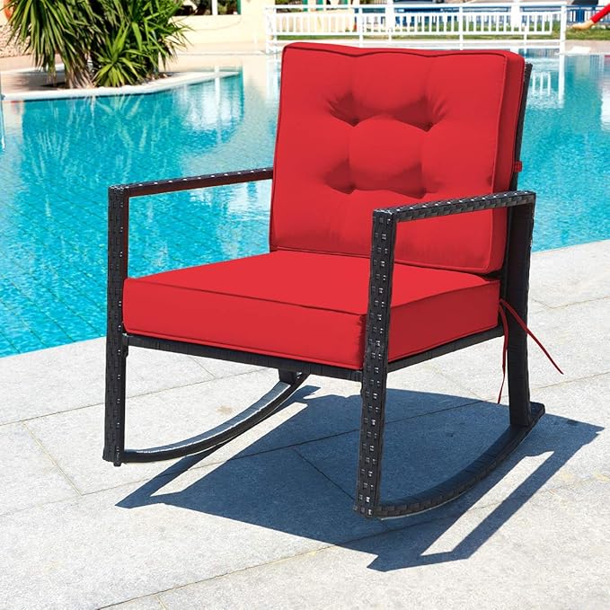 Tangkula Wicker Rocking Chair, Outdoor Glider Rattan Rocker Chair with Heavy-Duty Steel Frame, Patio Wicker Furniture Seat with 5” Thick Cushion for Garden, Porch, Backyard, Poolside (2, Red)